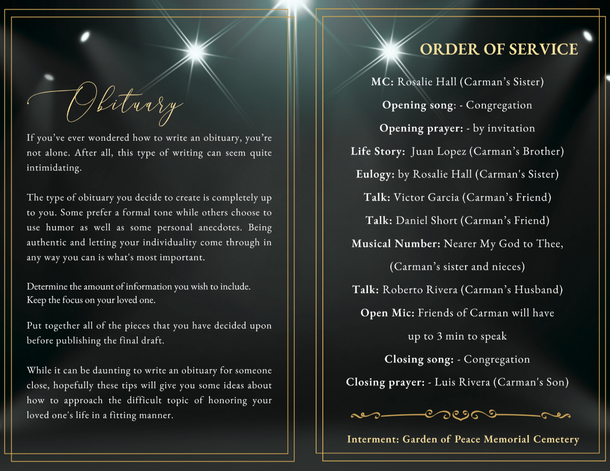 Obituary and order of service pages set against a rich amethyst backdrop with soft lighting, elegant serif text, and refined gold border accents.