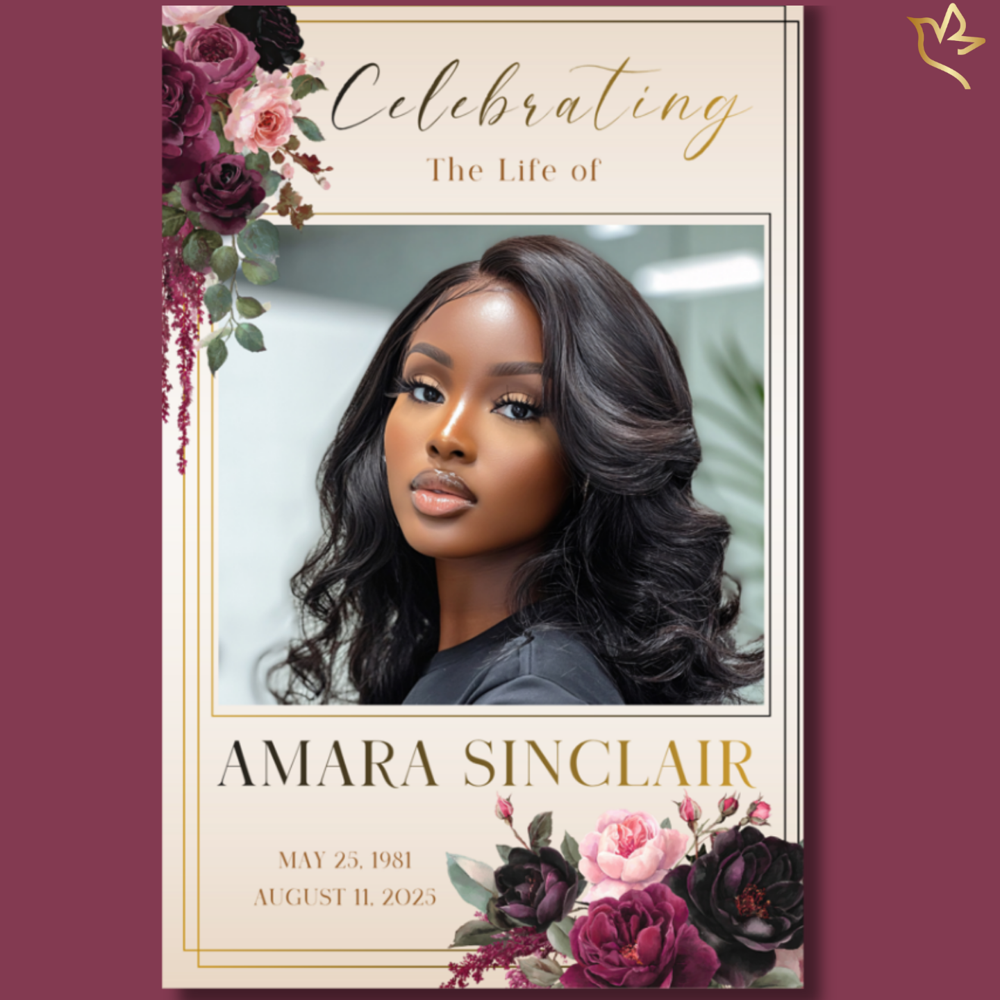 Velvet Roses funeral program template featuring a beautiful woman’s portrait framed by deep burgundy and blush rose florals, with elegant gold accents and soft neutral background for a timeless memorial design.