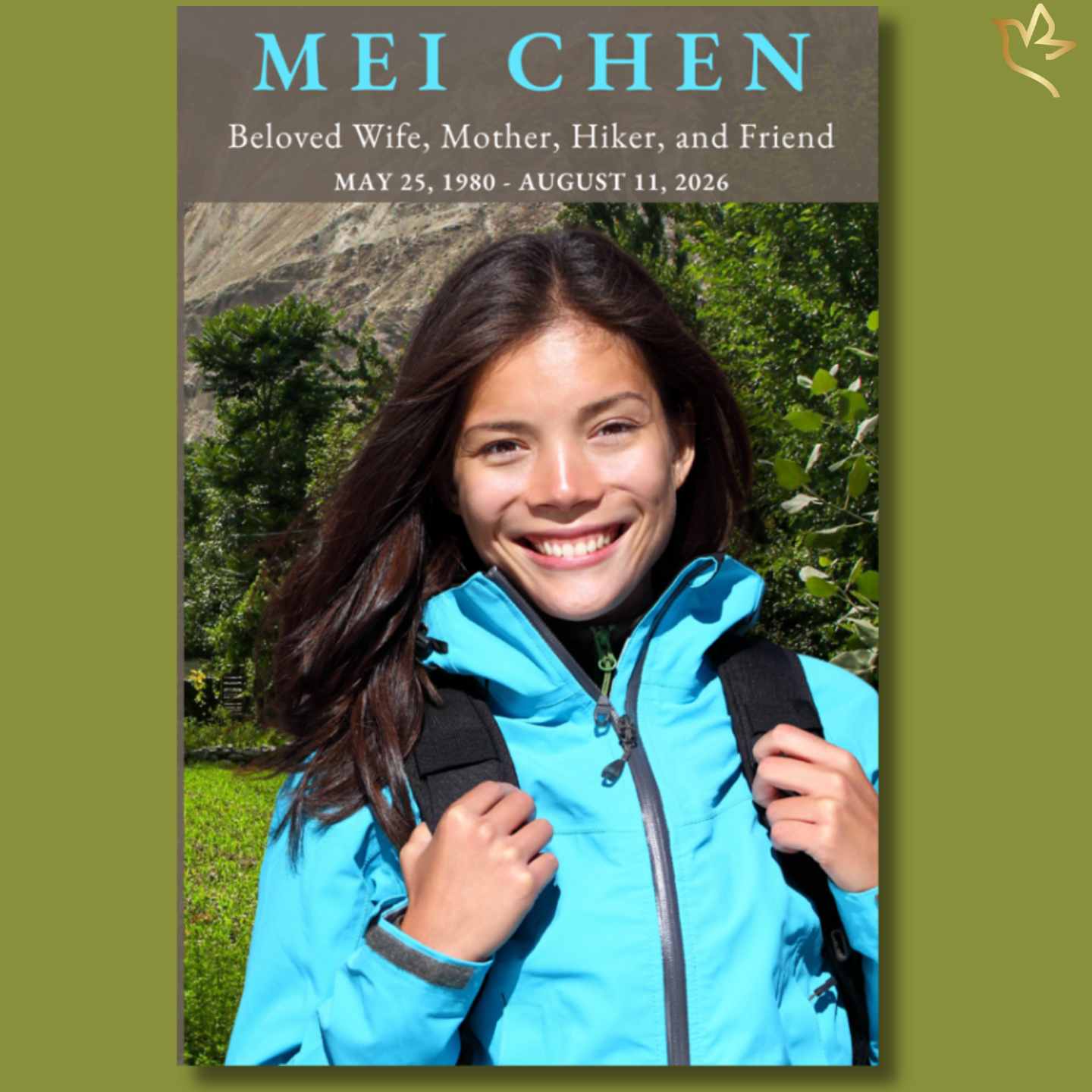 A radiant portrait of a woman in hiking attire, standing along a scenic mountain trail, with soft natural light and greenery surrounding her—symbolizing strength, peace, and a journey that continues beyond the horizon.