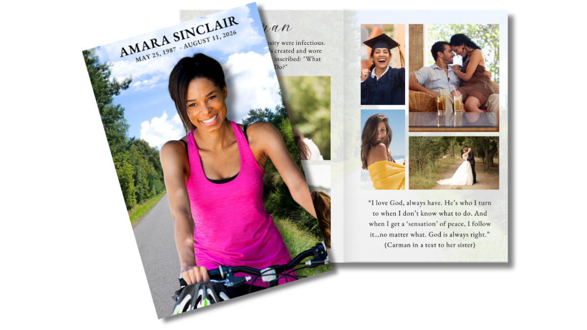 Front cover featuring a woman biking along a peaceful path alongside an open layout showing personal photos and life moments in a soft, nature-inspired design.