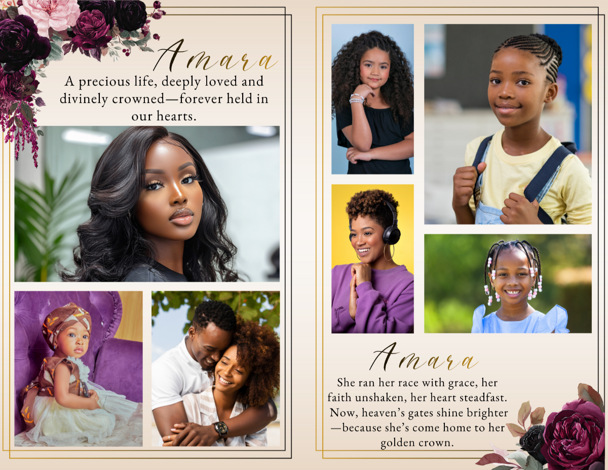 Thank You page with floral accents and a soft message of gratitude, paired with a collage layout showcasing meaningful life moments and family photos.
