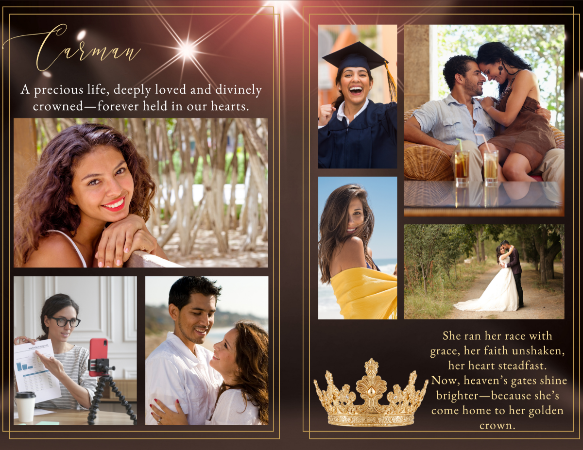 Photo collage layout showcasing meaningful life moments arranged in a warm bronze setting with soft lighting overlays and refined gold framing details.