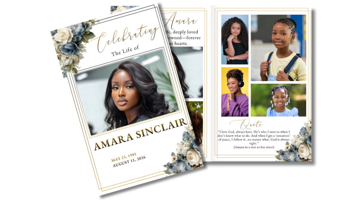 Front cover displayed alongside interior pages, showing soft blue and ivory rose florals coordinated across obituary, collage, poem, and tribute layouts.