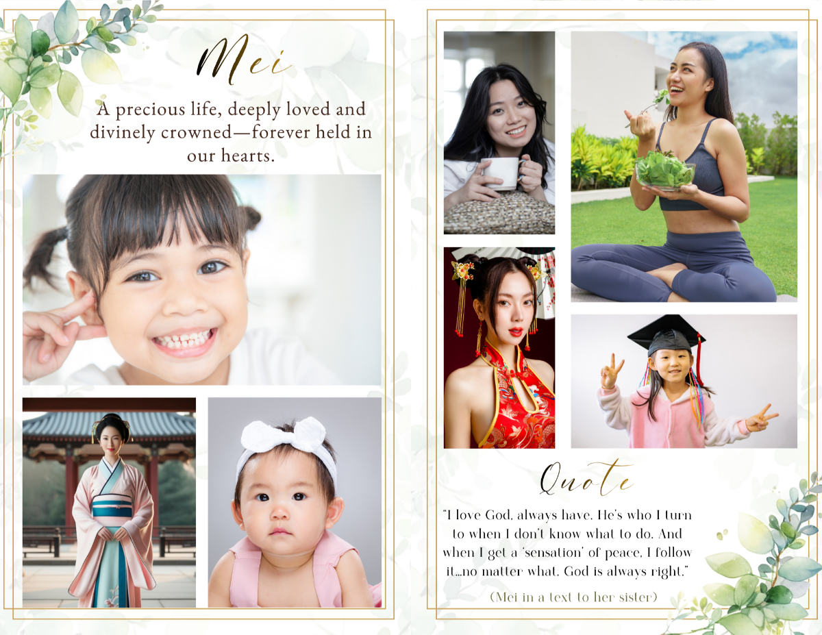 Photo collage layout displaying multiple life moments arranged in a clean grid with subtle eucalyptus accents and gold framing details.
