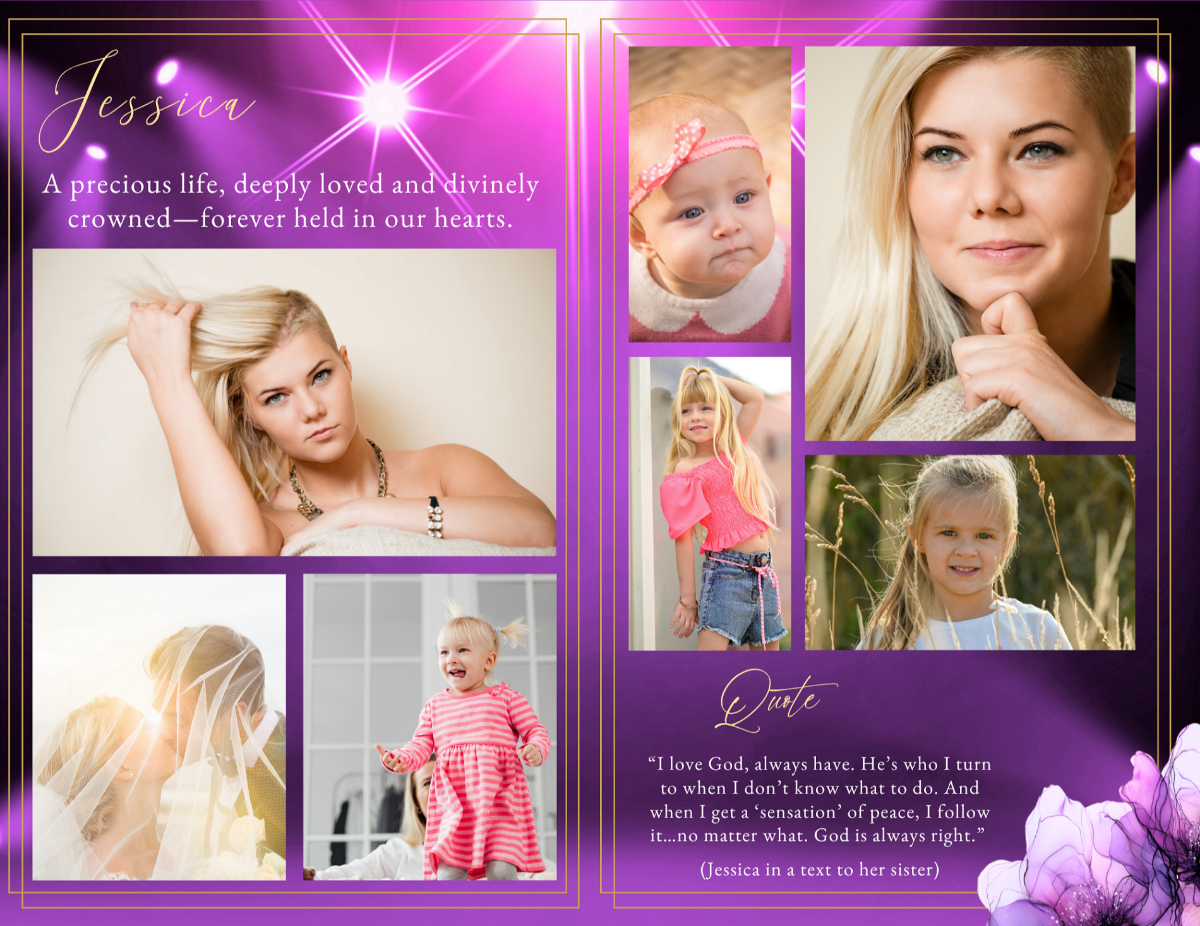 Photo collage layout showcasing meaningful life moments arranged in a rich garnet setting with soft lighting overlays and refined gold framing details.