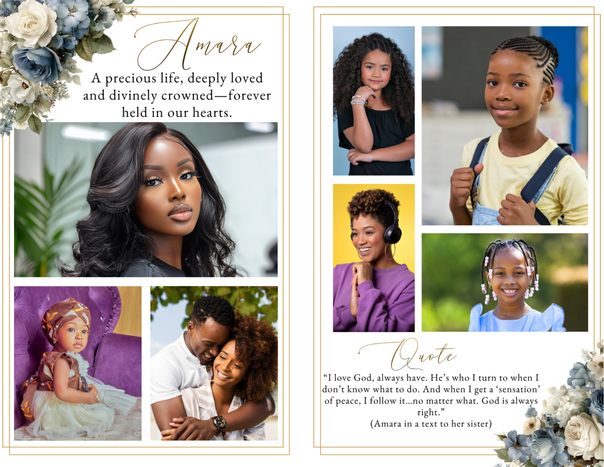 Photo collage tribute spread featuring meaningful life moments arranged in clean, framed layouts with soft blue and ivory floral accents.