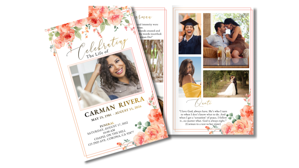 Two-page thank-you and cover spread featuring peach florals, gold-line framing, a memorial poem, and the portrait-centered front cover in soft peach tones.