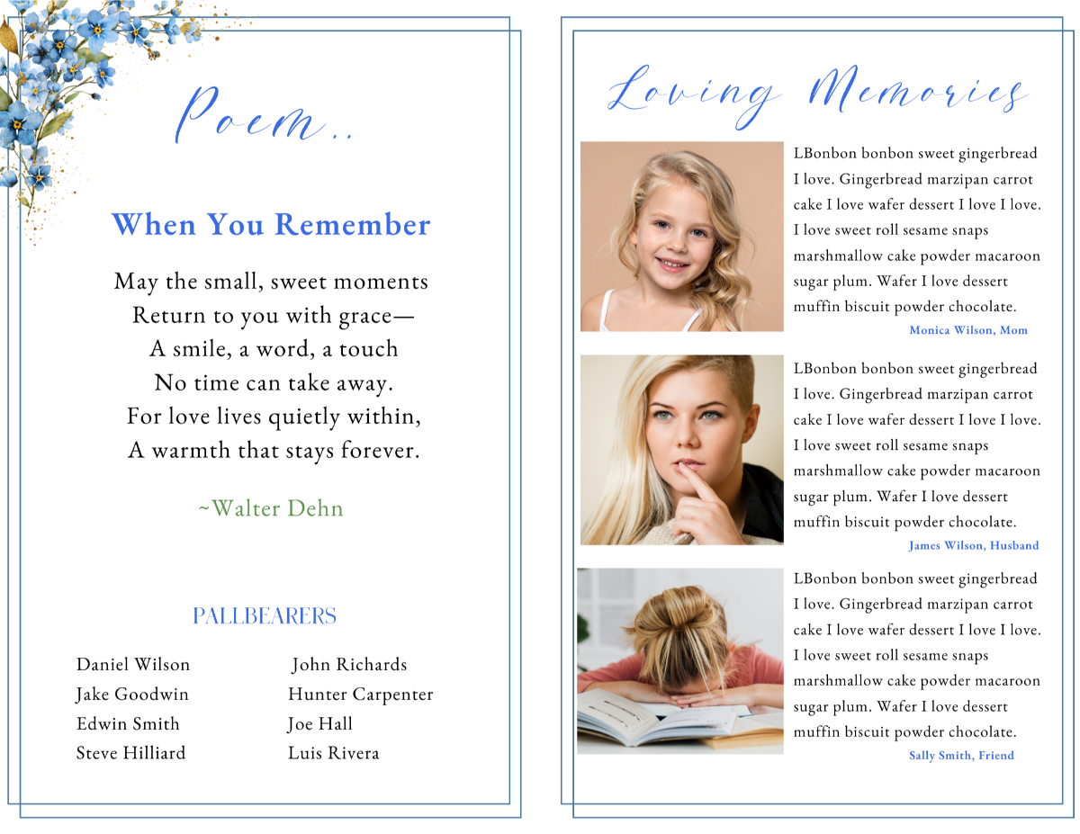 Poem and loving memories pages featuring elegant script headings, tribute photos, and balanced layouts designed for personal reflections and family messages.