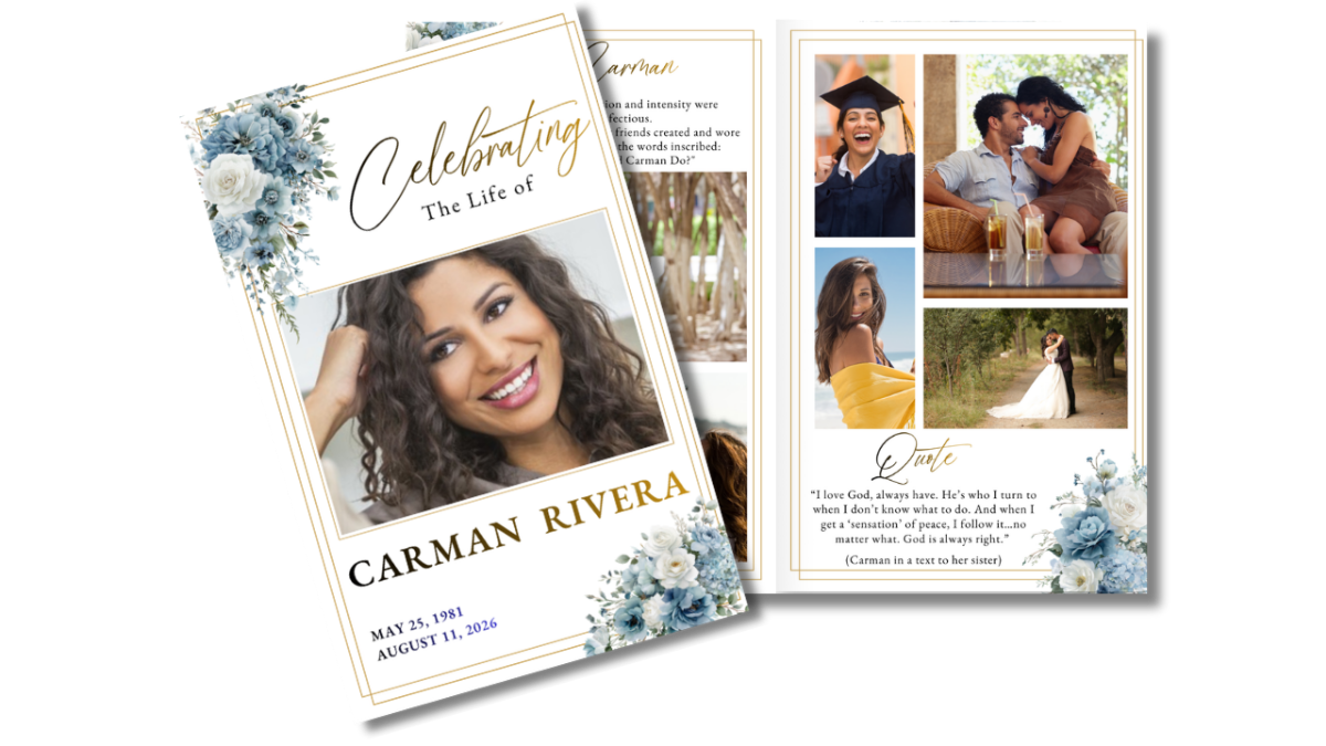 Inside pages featuring obituary and order of service with blue watercolor florals in the corners, gold line borders, and soft sky-blue background.