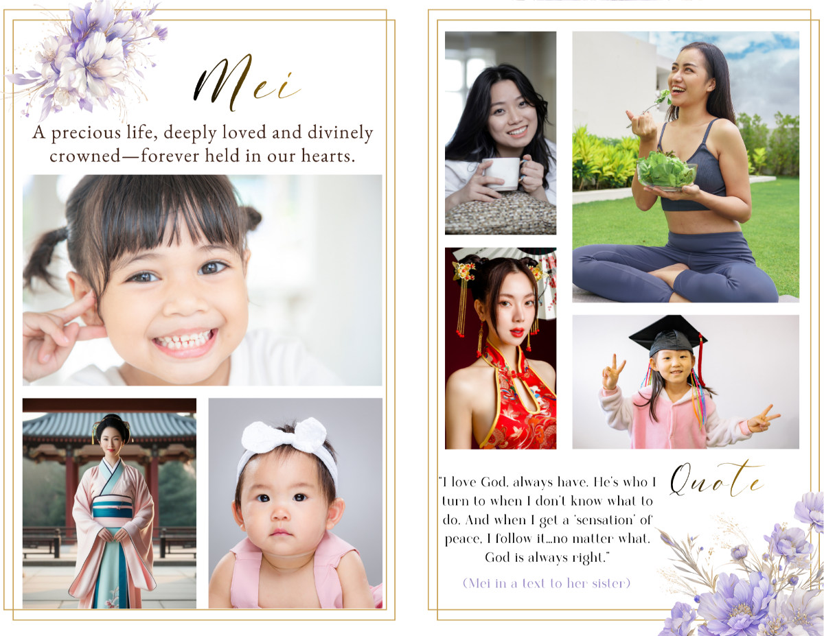 Photo collage layout showcasing meaningful life moments arranged in clean frames with delicate floral accents and a light, airy background.