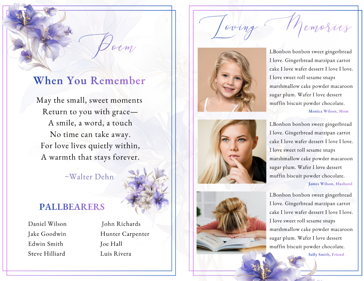 Poem and tribute pages with heartfelt messages and floral touches from the Heavenly Violets funeral program.
