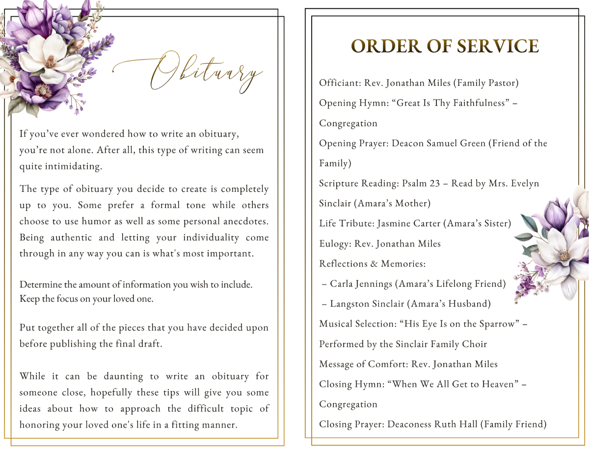 Obituary and order of service pages with elegant script headings, structured text sections, and soft floral accents creating a refined and peaceful presentation.
