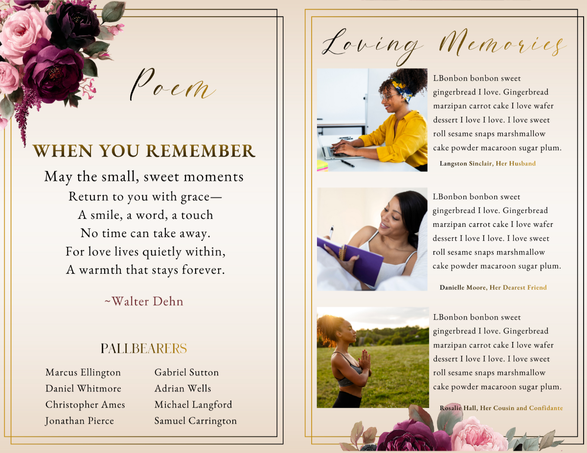 Poem page titled “When You Remember” alongside Loving Memories pages with photo collages and written tributes from family and friends.