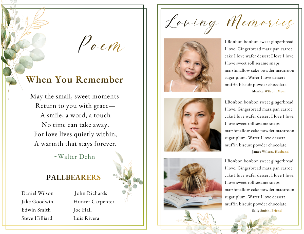 Poem and tribute layout with family photos and greenery details in calm, earthy tones.