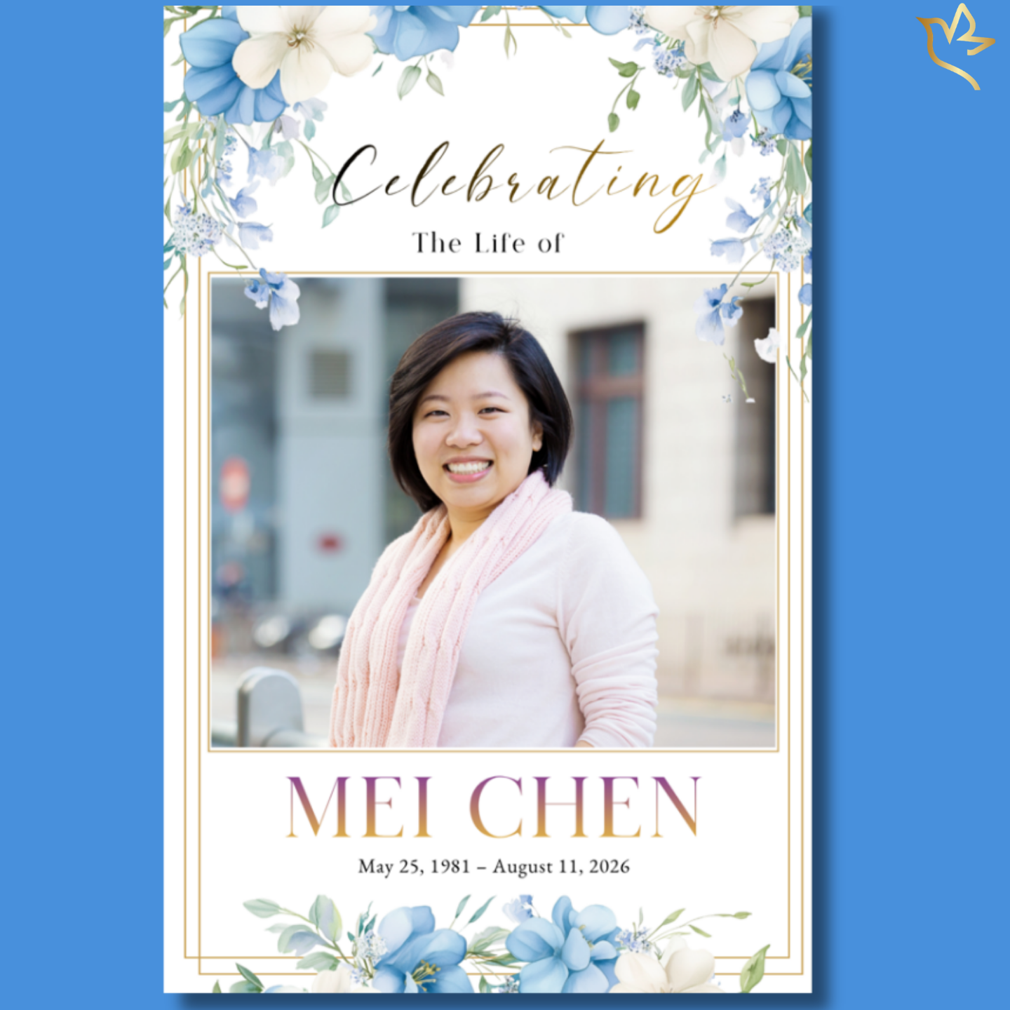 Faith and Remembrance funeral program cover featuring soft blue and ivory florals with gold accents, framing a centered portrait with elegant script title and a serene, faith-inspired layout.
