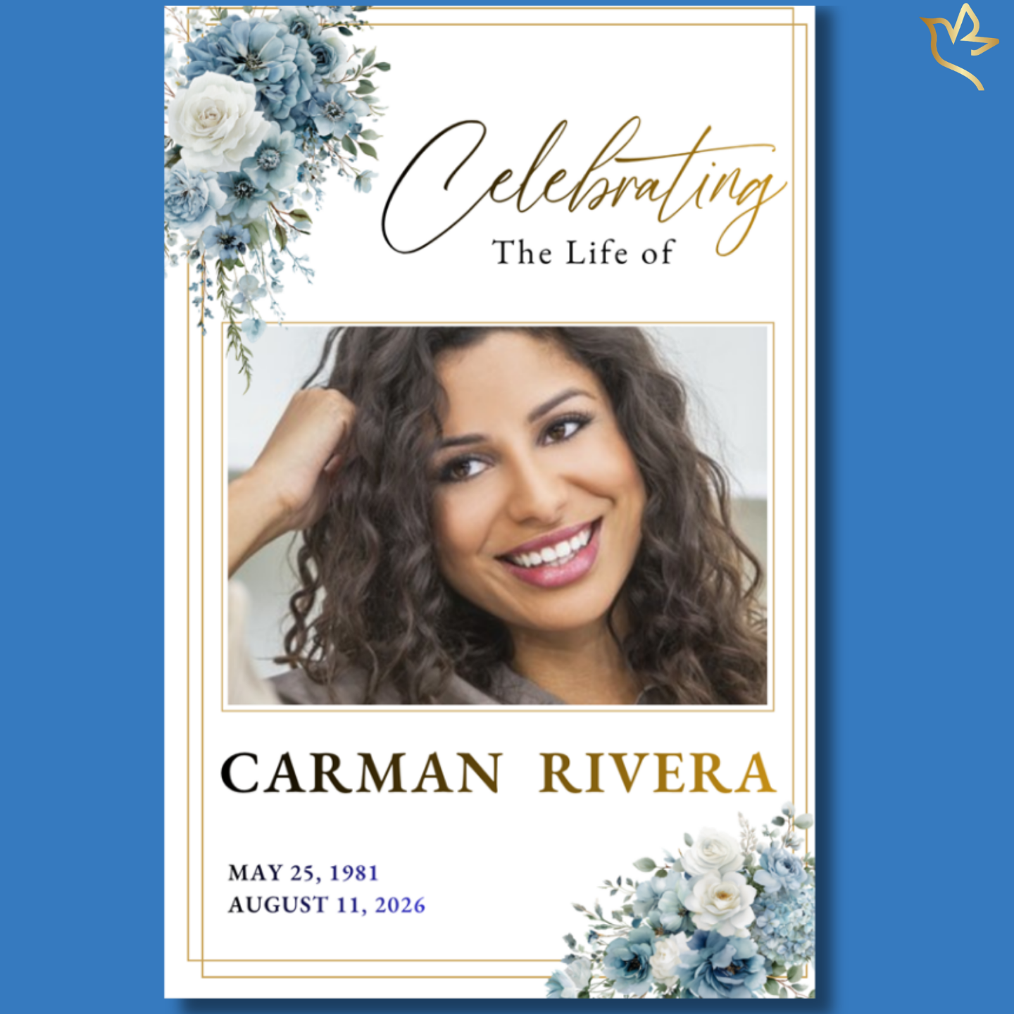 Elegant blue-floral funeral program cover featuring soft watercolor flowers, gold frame accents, and a centered portrait with a clean white background. Uplifting memorial layout.
