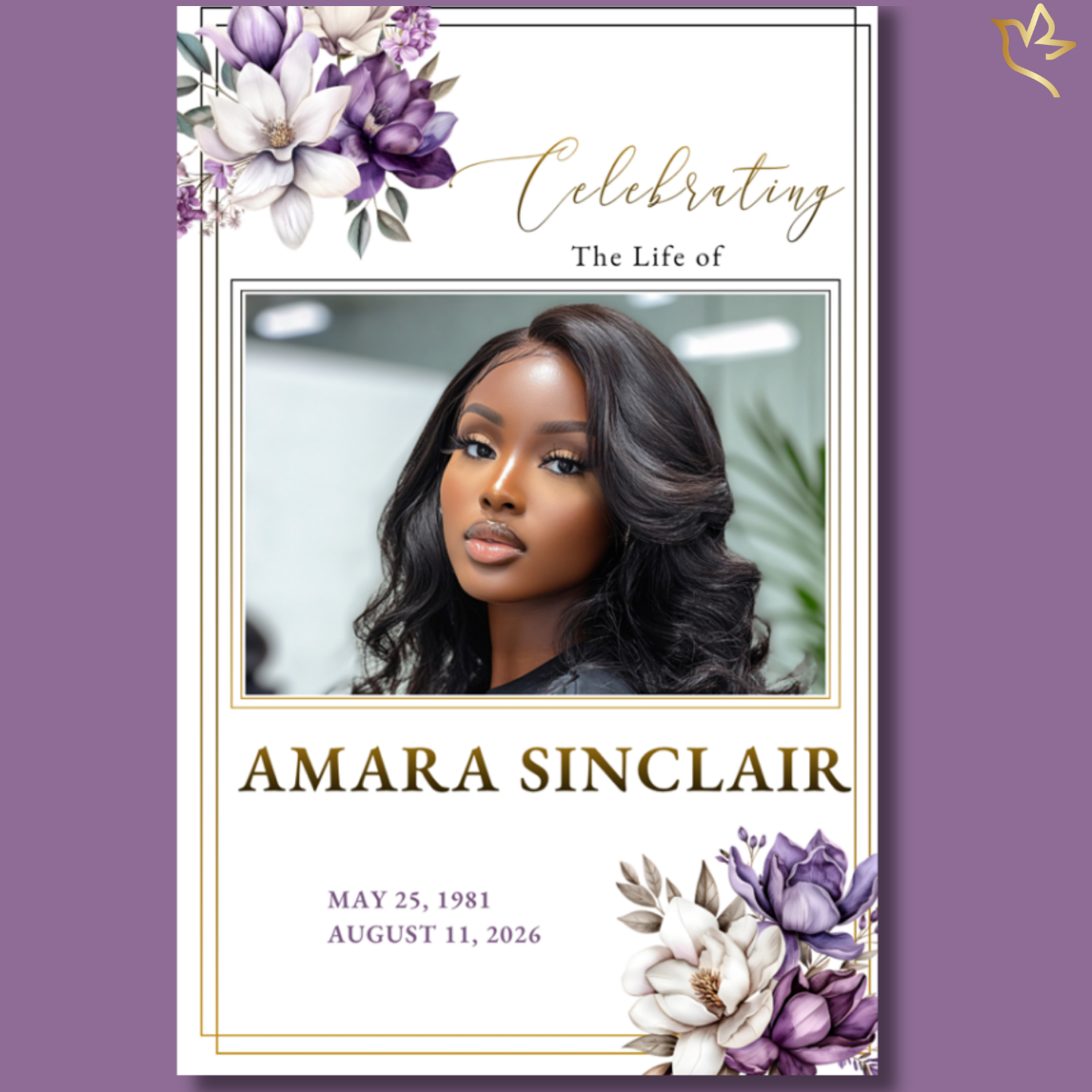 Graceful Violets funeral program cover featuring soft purple and ivory floral arrangements with elegant gold borders framing a centered portrait, styled with refined script and serif typography on a light background.