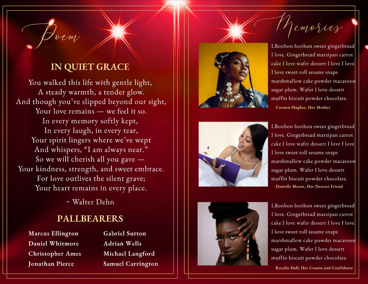 Poem and memorial pages featuring rich ruby tones, soft glowing highlights, portrait placements, and elegant typography for heartfelt reflections.