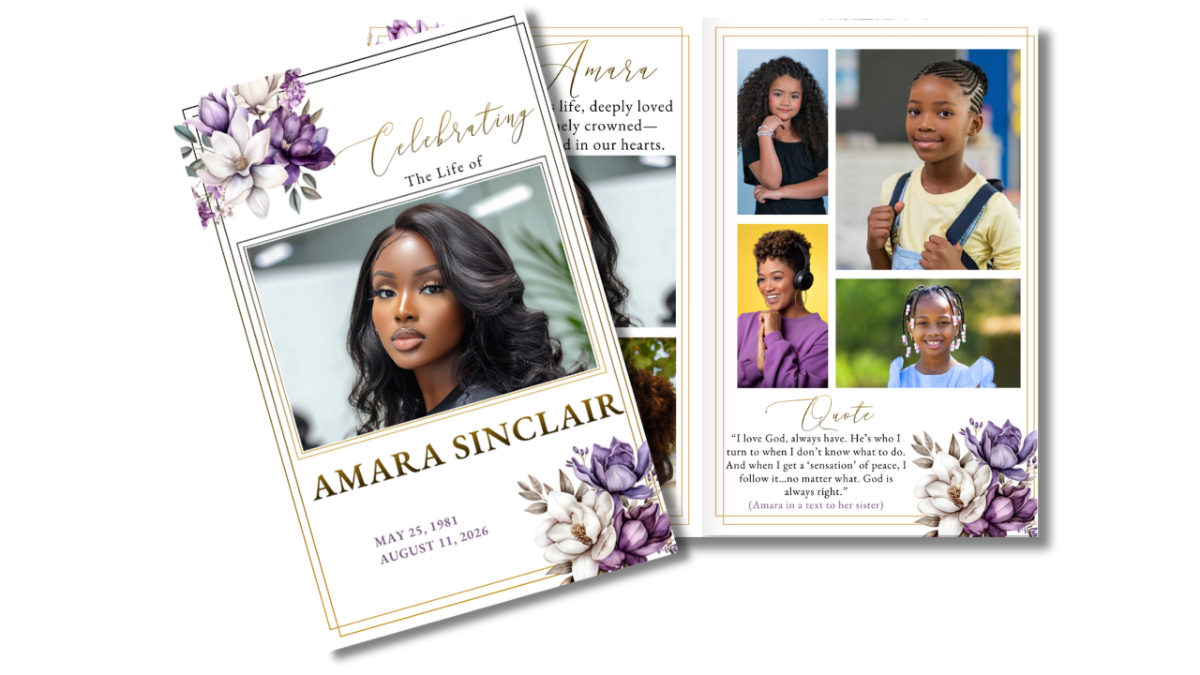 Front cover and interior pages featuring soft violet and ivory florals with gold borders, showing obituary, collage, and tribute layouts in a cohesive design.