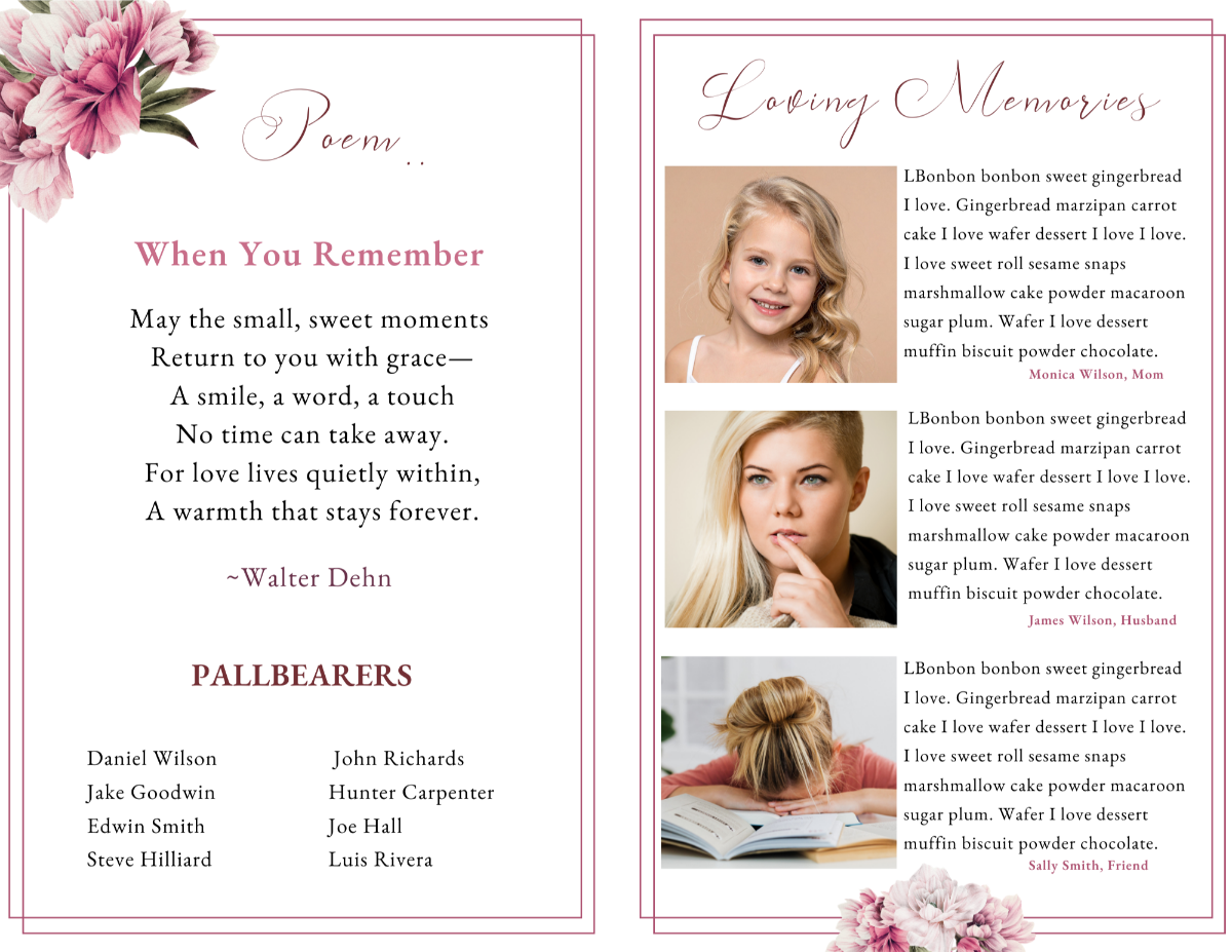Center spread featuring the memorial poem, pallbearers list, and loving tributes, all decorated with graceful floral details.