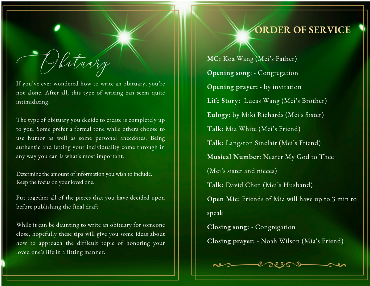 Obituary and order of service pages with clear, structured layouts framed by soft glowing green light and refined gold accents for readability and elegance.