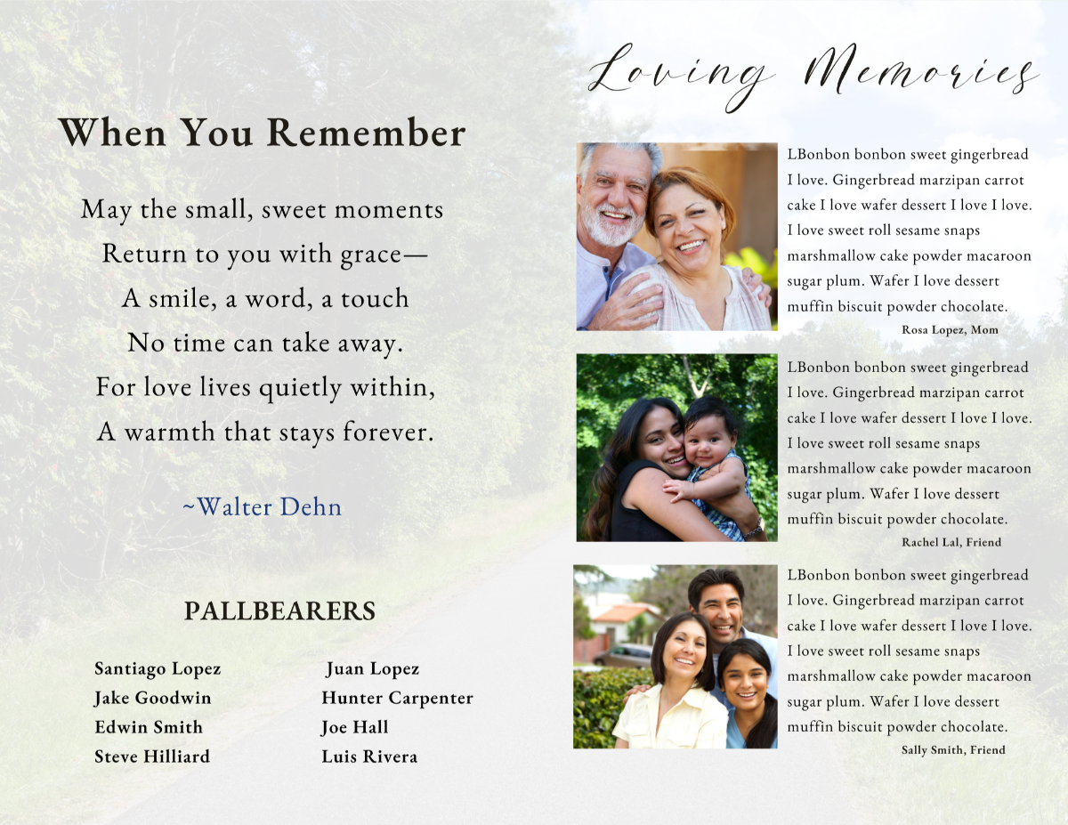 Interior pages featuring a heartfelt poem and loving memories section, designed with soft tones and flowing layout elements.