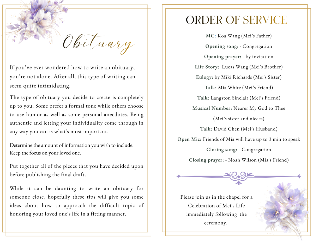 Obituary and order of service pages featuring structured text layouts framed by soft florals and subtle gold detailing.