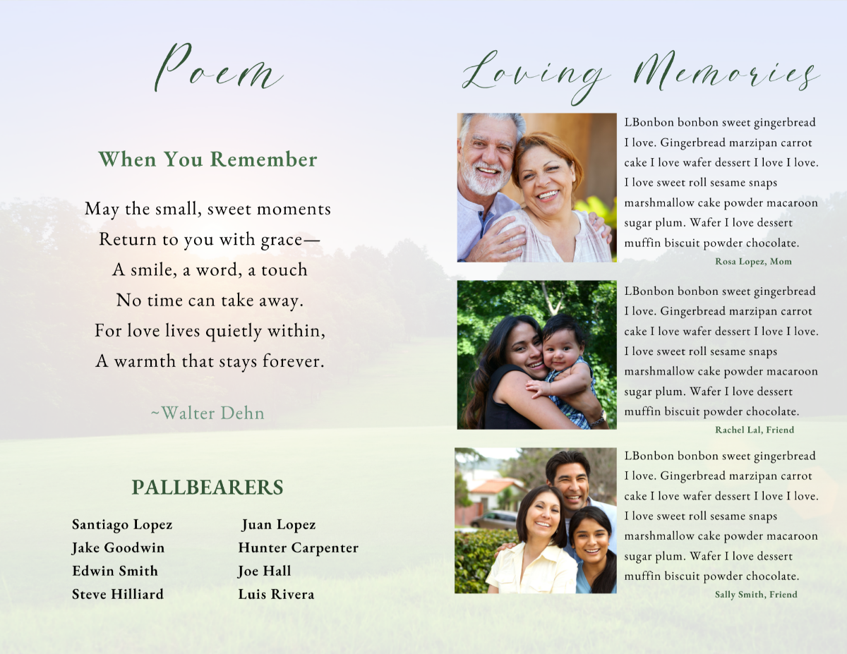 Loving memories page with family photos and tributes paired with a poem page featuring elegant typography and natural tones.