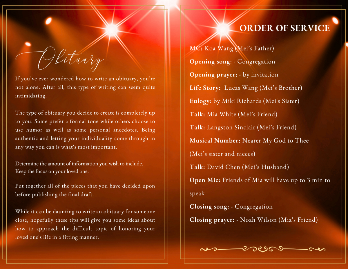 Obituary and order of service pages with clear, structured layouts framed by glowing topaz lighting effects and refined gold accents for readability and elegance.