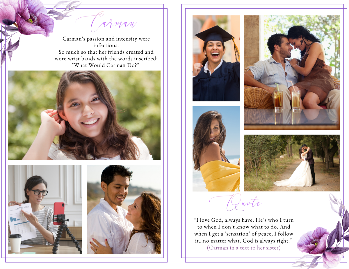 Celebration-of-life photo collage with multiple images from different life moments, bordered in lavender with a floral quote section at the bottom.