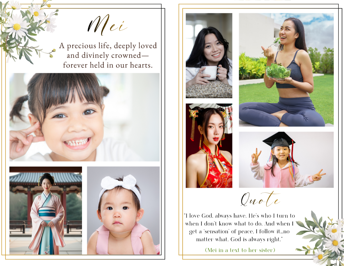 Photo collage tribute spread featuring childhood, family, and life milestone portraits arranged in balanced layouts with soft white daisy floral accents.