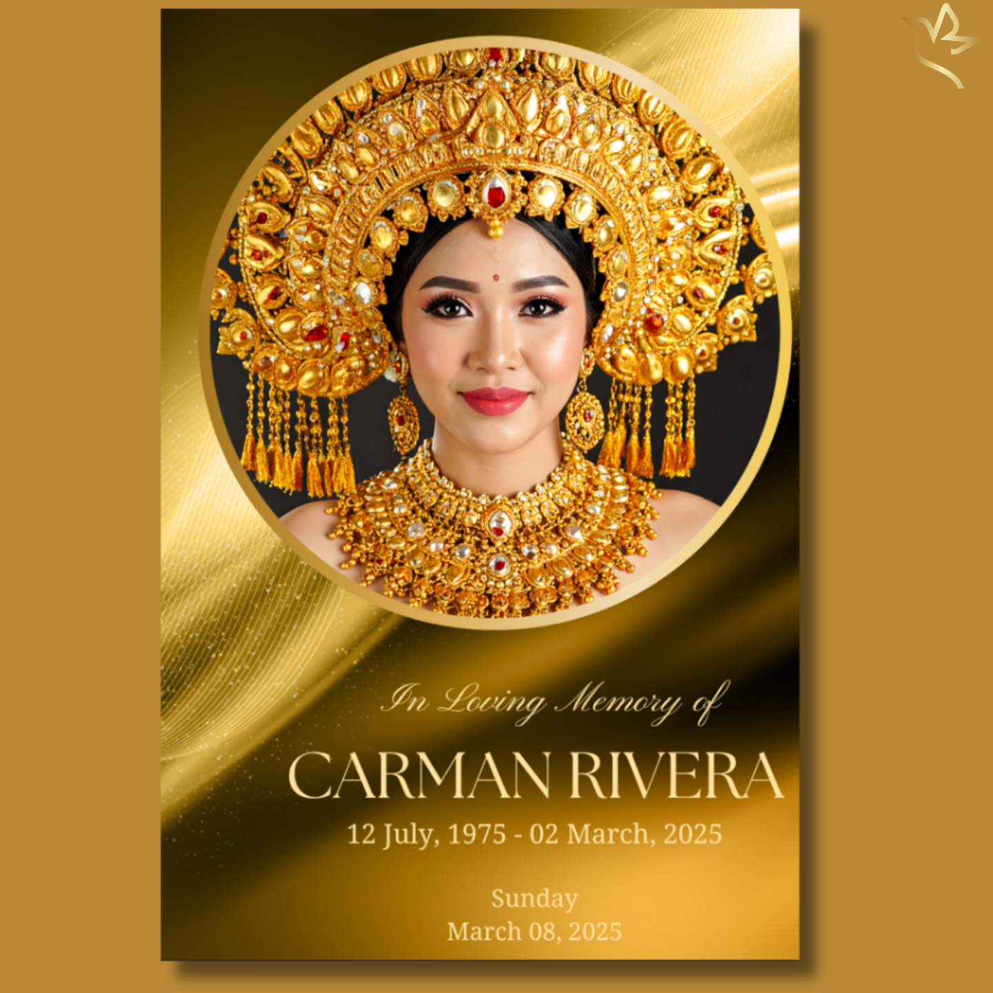 Front cover of the Her Golden Crown funeral program template featuring a gold background, circular portrait frame, elegant script text, and soft radiant light accents.