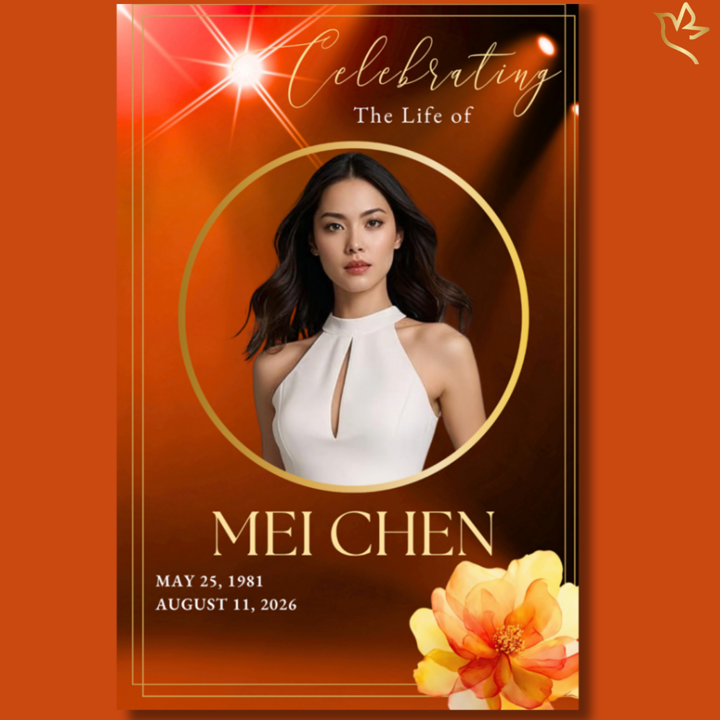 Royal Topaz funeral program cover featuring a warm amber-orange background with radiant light flares, elegant gold circular portrait frame, soft floral accents, and refined gold typography for a glowing memorial design.