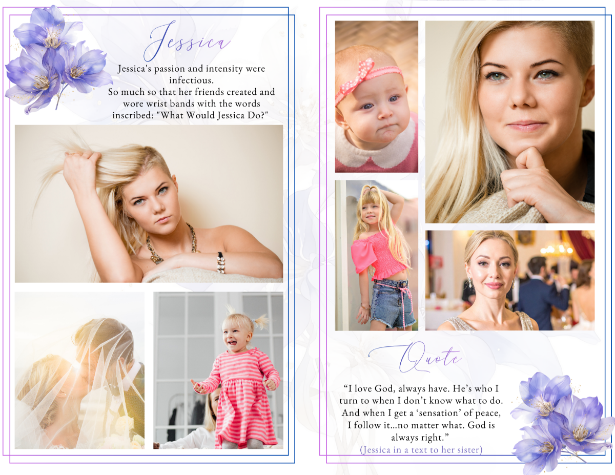 Photo collage pages from Heavenly Violets memorial program showing family moments and quote section.