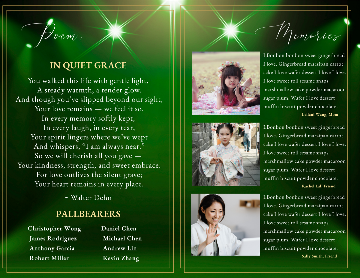 Poem and memorial pages featuring rich emerald tones, soft light effects, portrait placements, and elegant typography for heartfelt reflections.