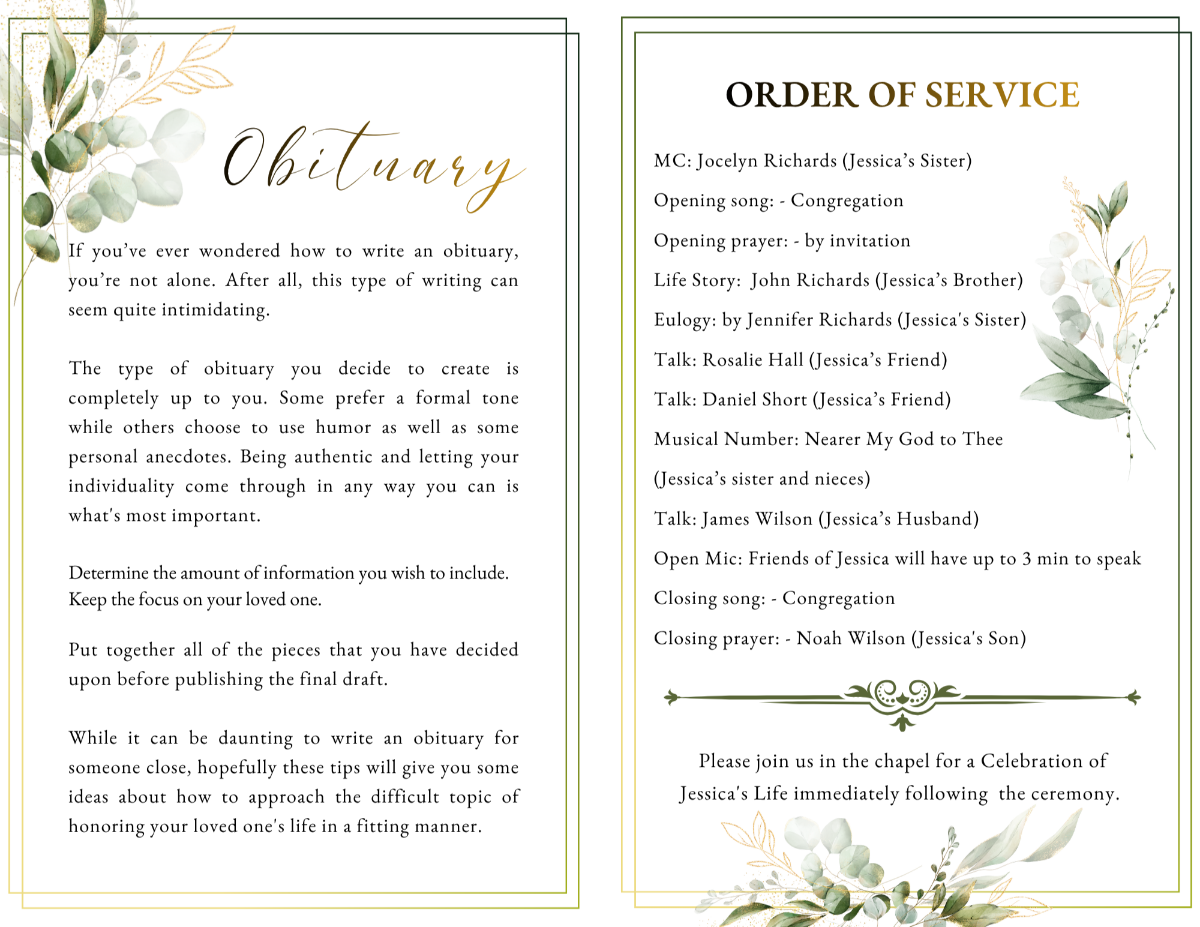Inside pages displaying obituary and order of service framed by gentle watercolor foliage.