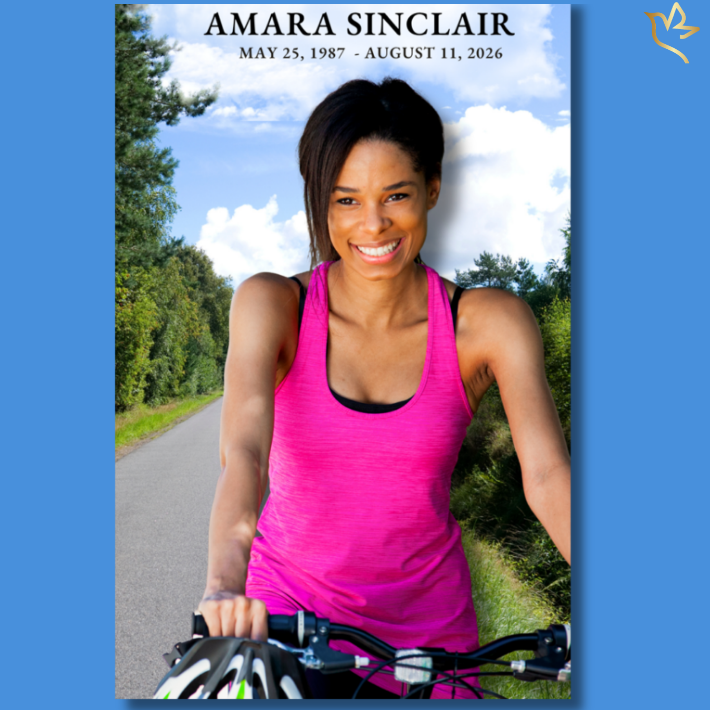 A smiling woman riding a bicycle along a sunlit path, surrounded by soft greenery and open sky, with an elegant, airy layout that conveys freedom, warmth, and peaceful movement.