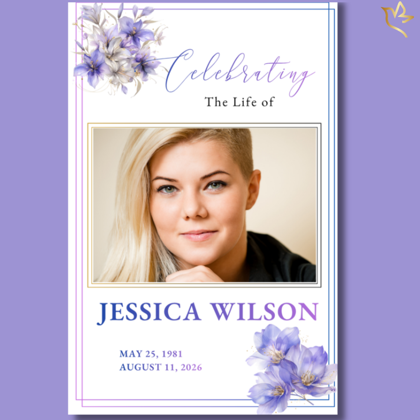 Front cover of Heavenly Violets-Purple Funeral Program Template featuring photo of smiling woman with soft purple floral border.