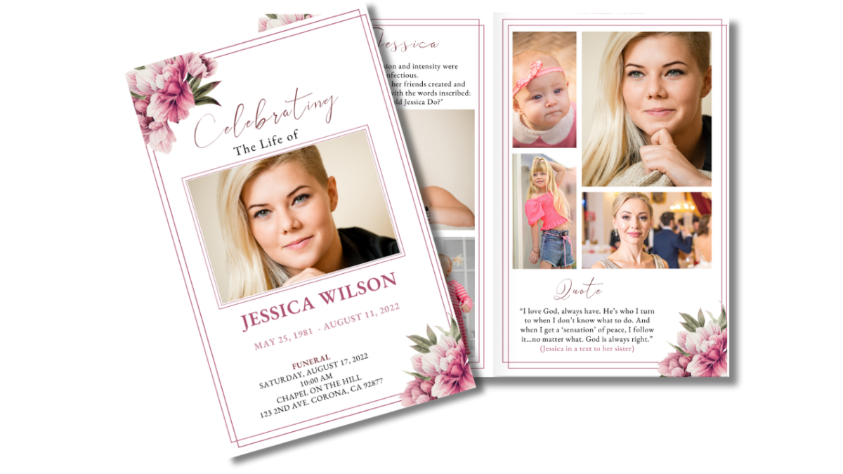 Open cover view showing the thank-you note on the back panel and the front photo framed with delicate pink peonies.