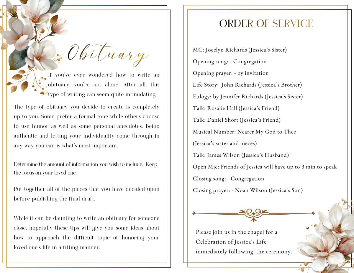 Obituary and Order of Service pages featuring graceful magnolia floral accents, elegant script headings, and structured sections for honoring her life.