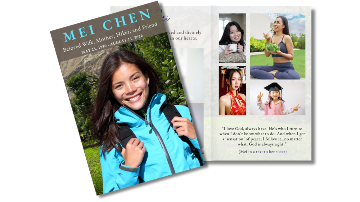 Front cover featuring a nature-inspired hiking scene with a portrait frame, alongside an open interior layout showing coordinated pages for service details and memories.