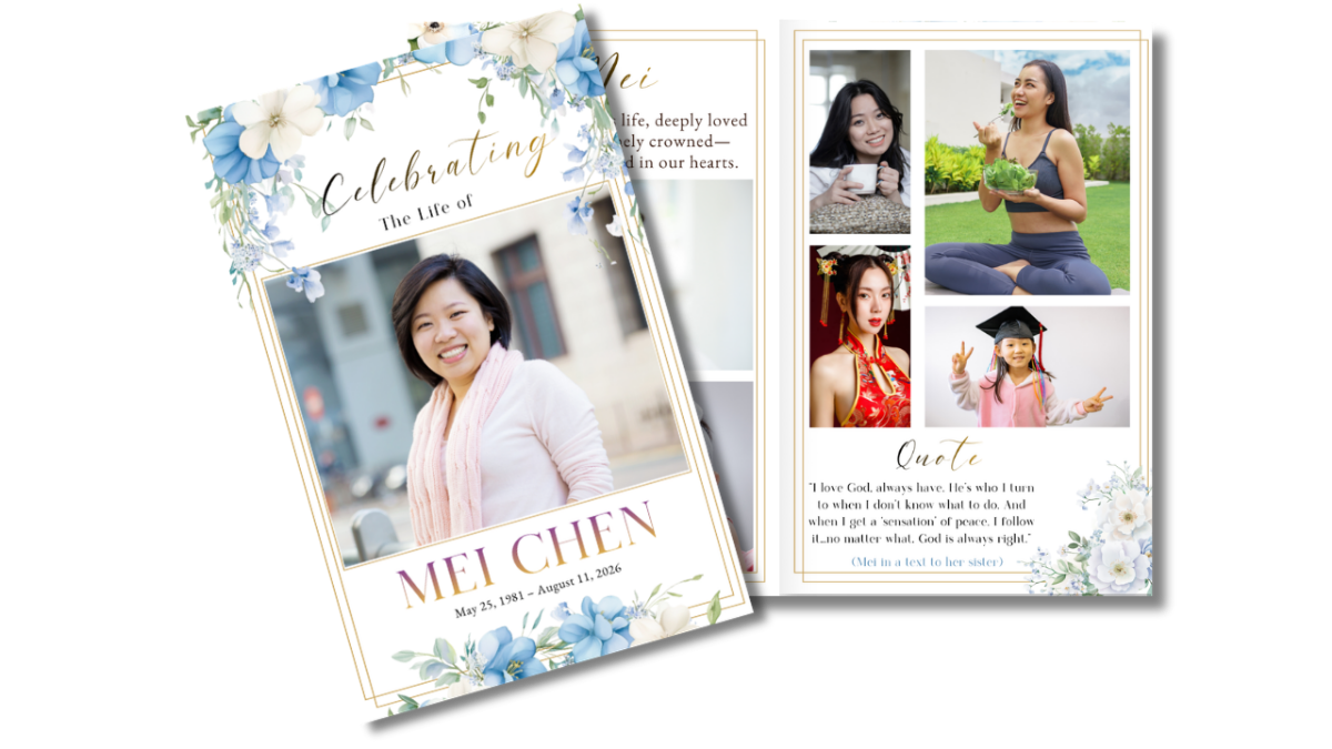 Front cover displayed beside interior pages, showcasing soft blue floral arrangements and a coordinated layout across obituary, collage, poem, and tribute sections.