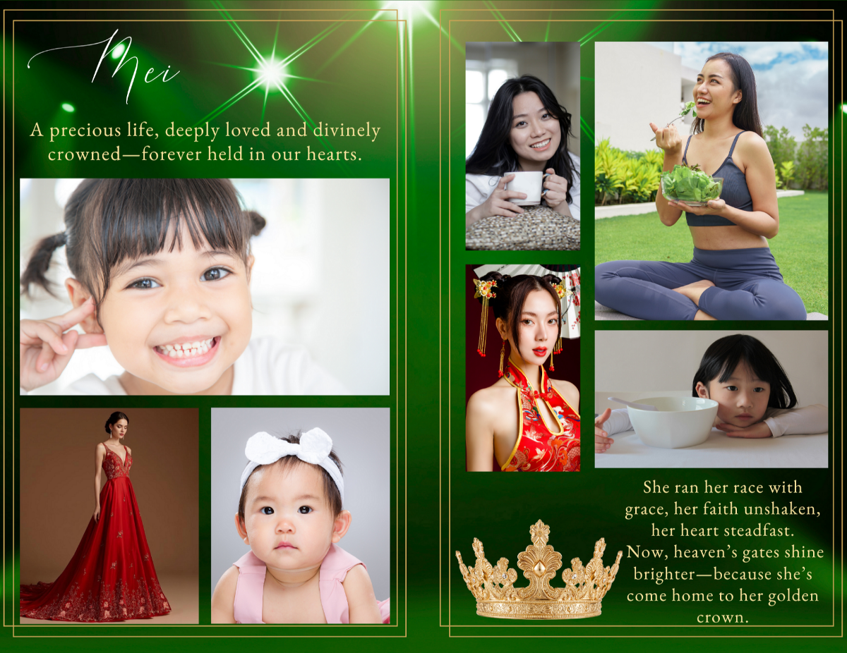 Photo collage layout showcasing meaningful life moments arranged in a warm emerald setting with soft lighting overlays and graceful gold framing.