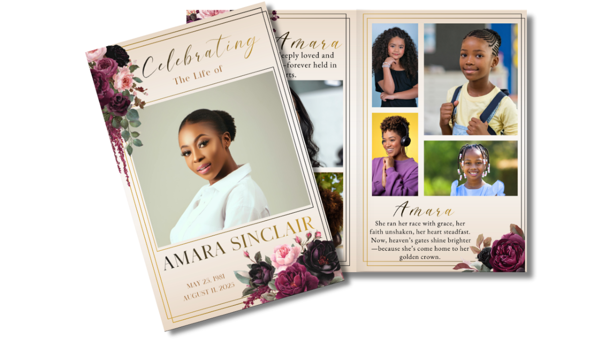 Front cover and interior layout featuring a woman’s portrait with deep burgundy and blush rose floral accents, arranged in an elegant multi-page memorial design.
