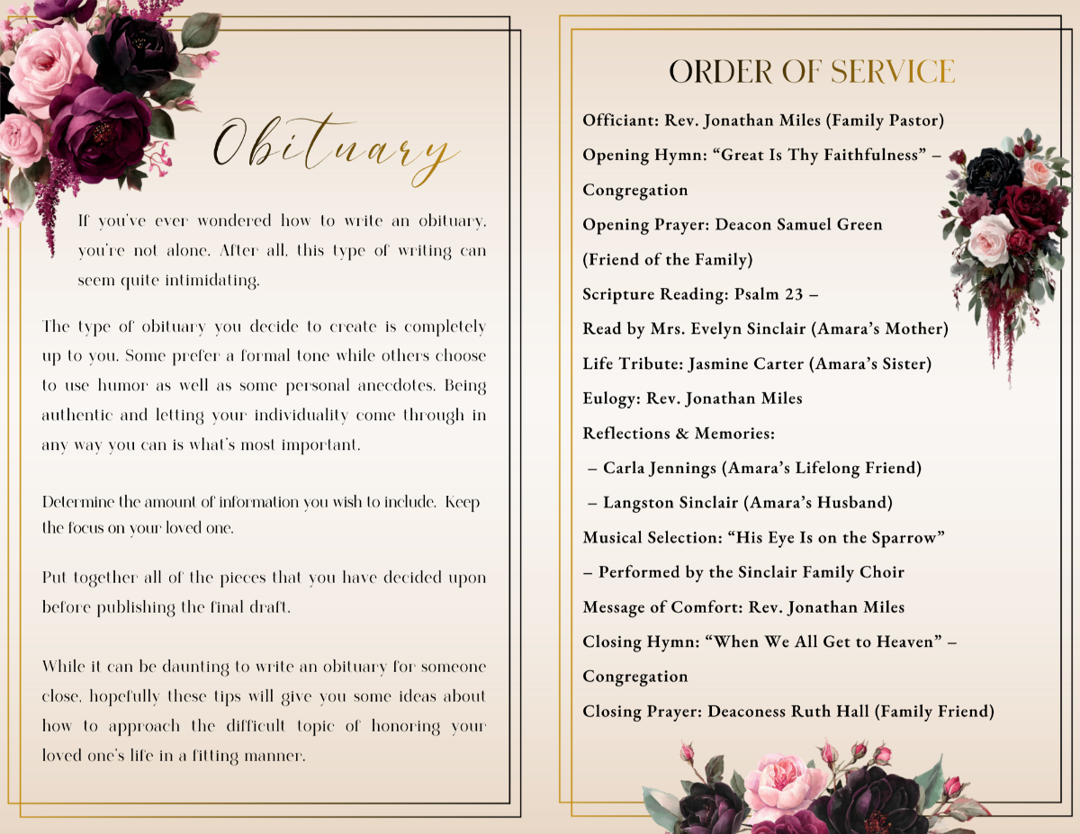 Obituary page with script heading and serif body text paired with an Order of Service layout, framed by soft neutral tones and floral corners.