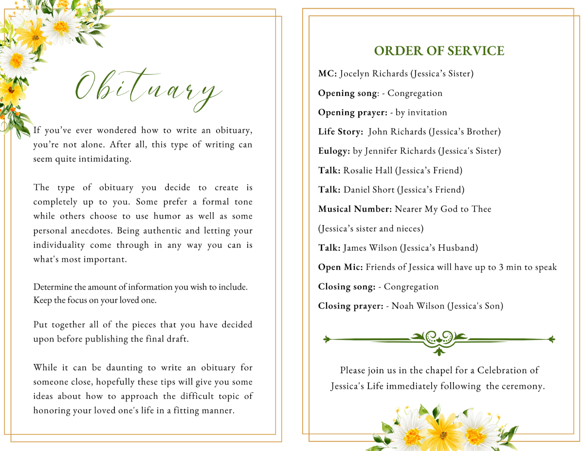 Interior layout displaying obituary and order of service pages with soft yellow floral accents.