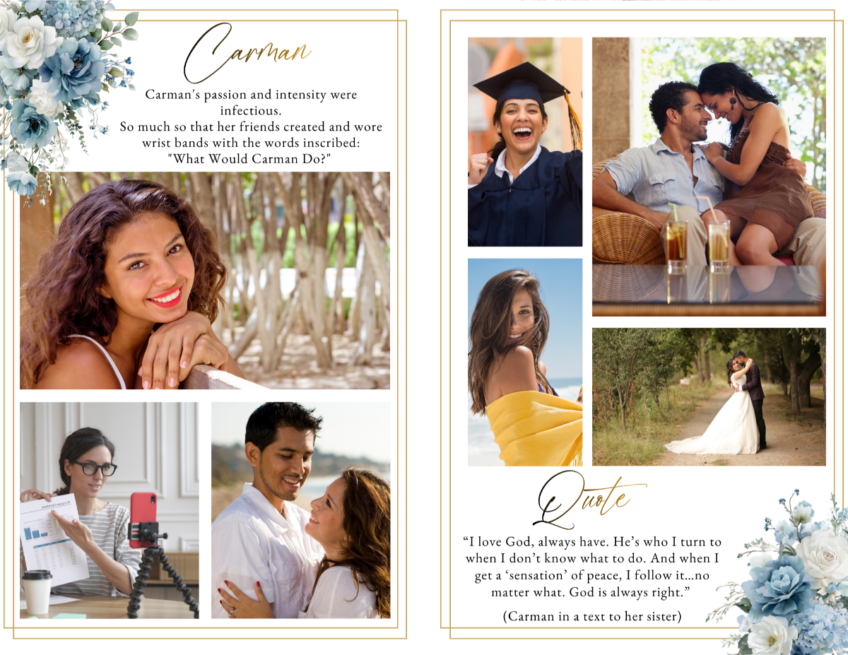 Photo collage spread featuring candid family images, accompanied by a heartfelt quote and blue floral accents.