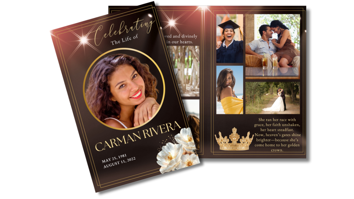 Front cover and interior layout displaying warm bronze background with radiant light flares, elegant gold borders, circular portrait frame, and structured memorial pages.