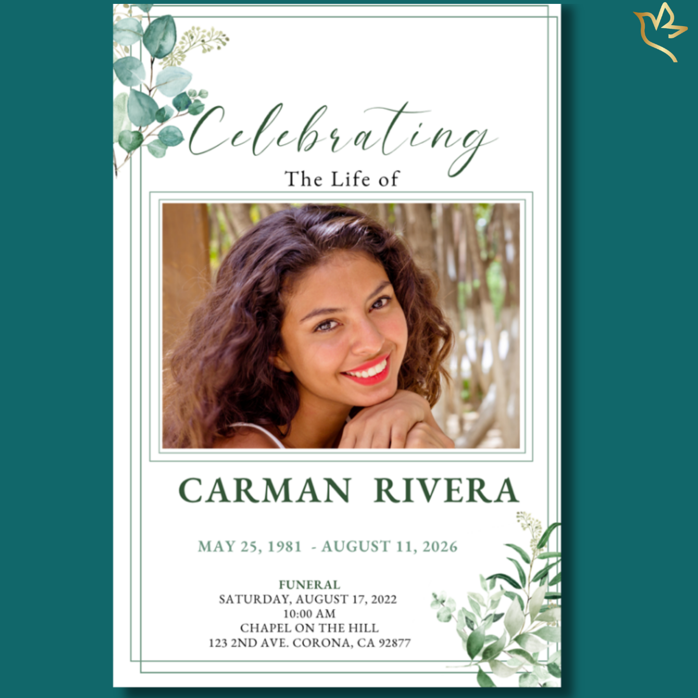 Soft memorial cover featuring delicate green eucalyptus branches, framed portrait, gentle serif title, and a peaceful, nature-inspired layout honoring a loved one with calm and grace.