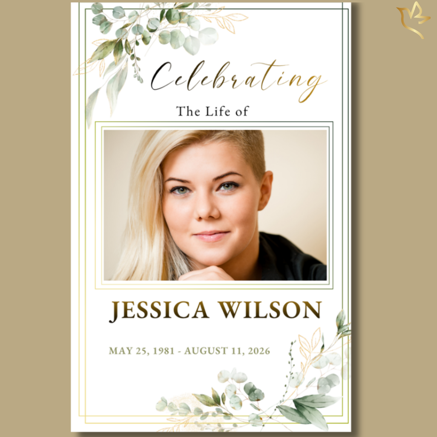 Front cover of Peaceful Eucalyptus Funeral Program Template featuring soft watercolor greenery and elegant typography.
